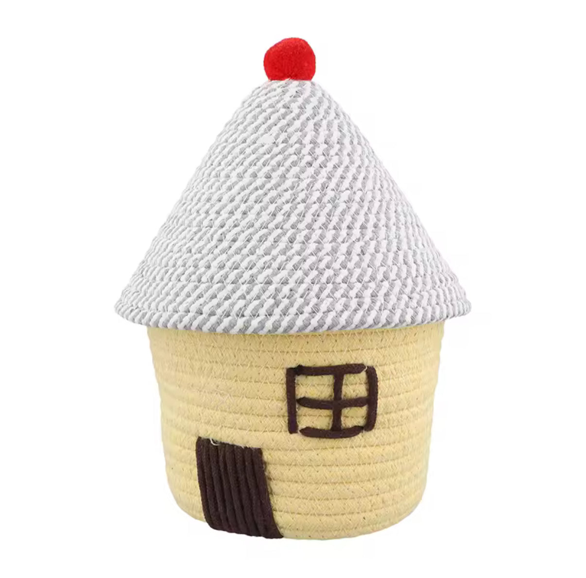 House-shaped desk bin with red pompom lid for Gen Z room.