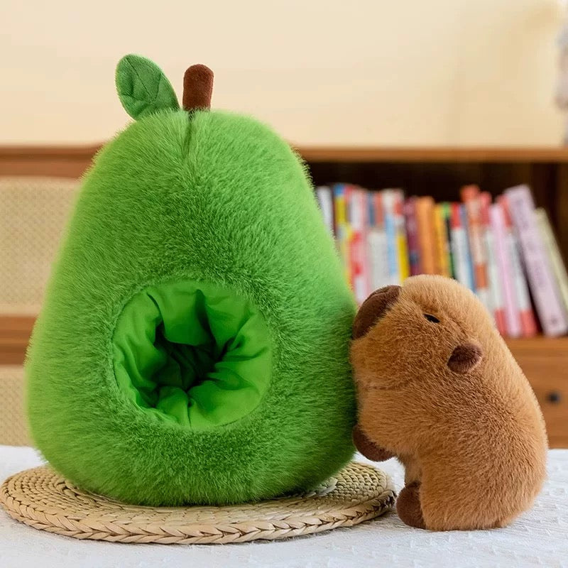 Cozy dopamine decor plush featuring green avocado and capybara