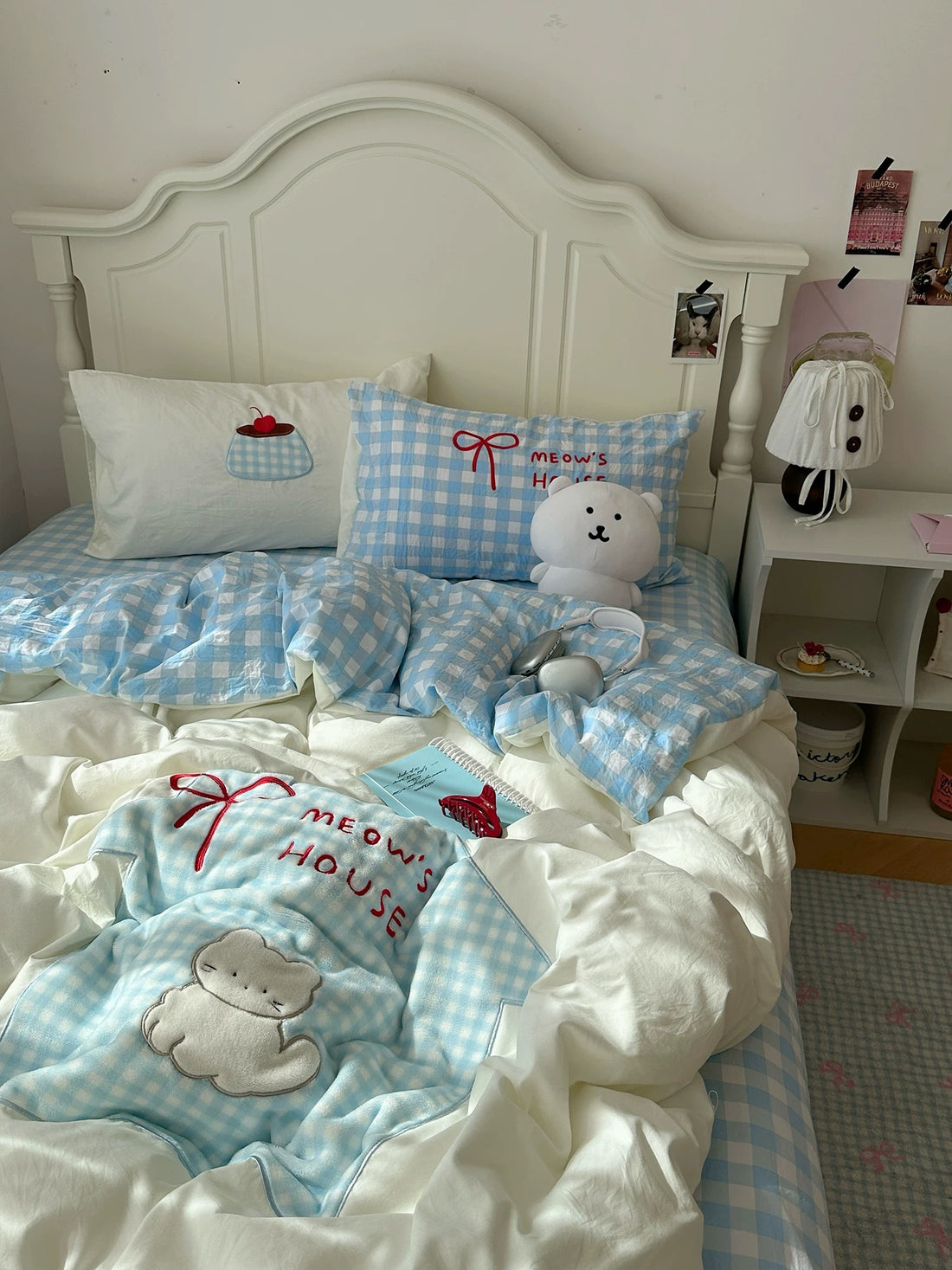 Aesthetic cat blue house bedding set with gingham pillow and quilt.