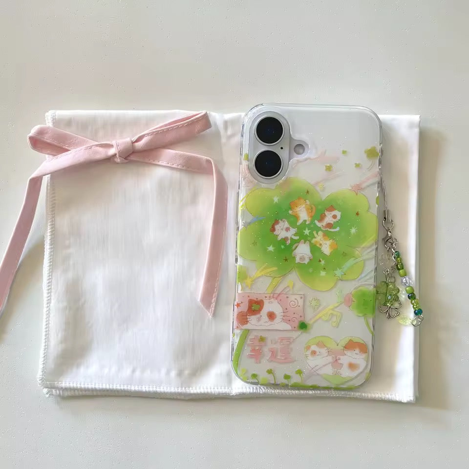 Kidcore cat clover iPhone case with wrist charm