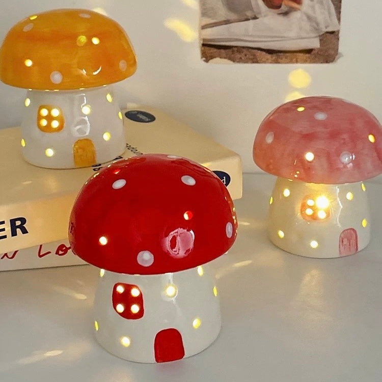 Cozy bedroom scene with pink mushroom night lamp for girls