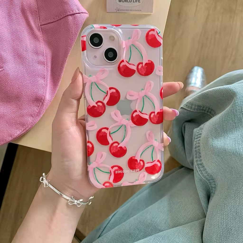 Yoedge Cover For IPhone 15 Pro Cherries, Silicone Case With Pink Bows