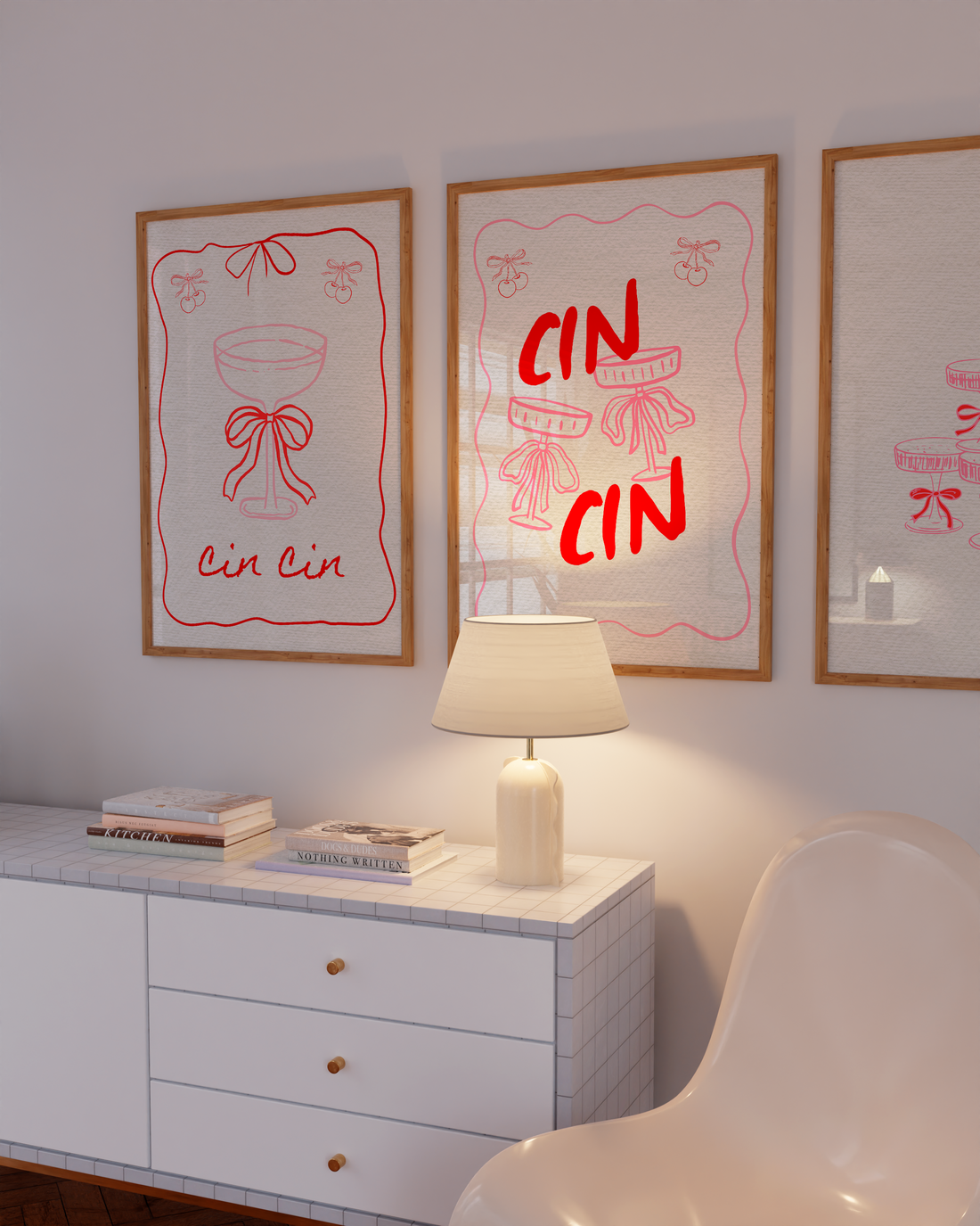 Retro pink 'Cin Cin' poster featuring martini glasses and bows, perfect for bar cart wall decor