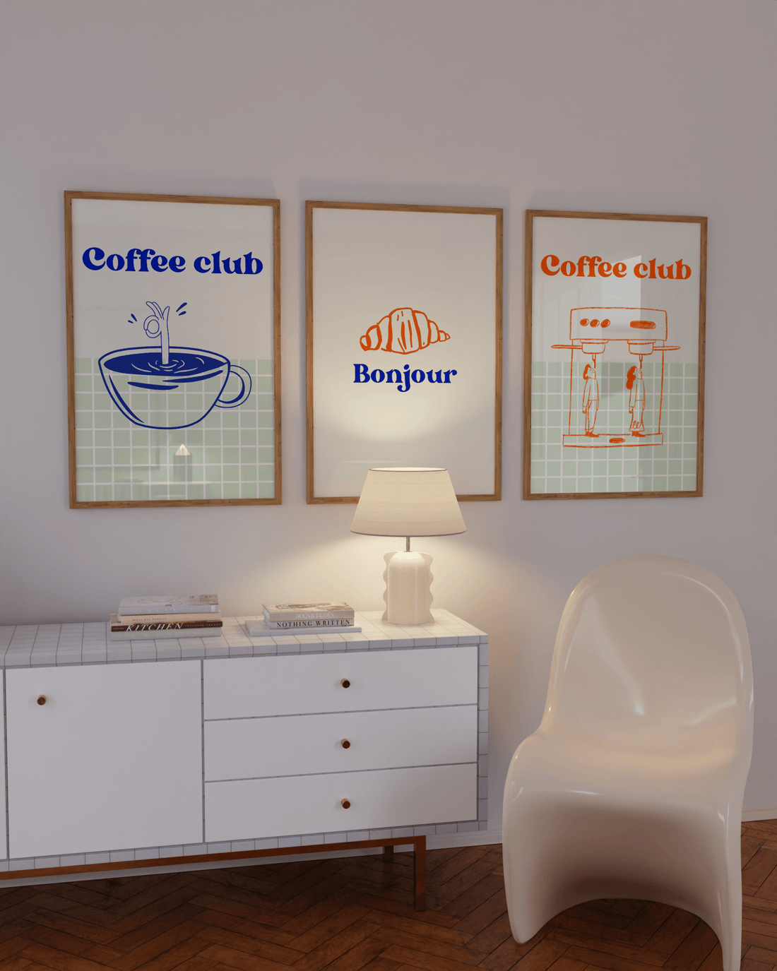 Hand-drawn coffee cup poster in blue and mint grid background