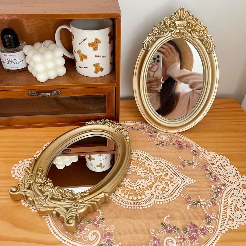 Rustic French Vintage Gold Aesthetic Carving Frame Table Mirror for Home Decoration