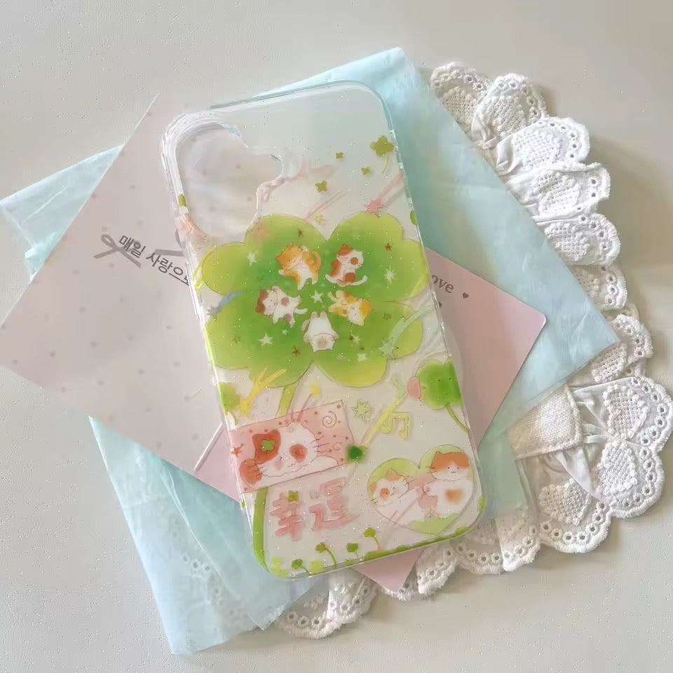 Cute cat iPhone case pastel green clover design