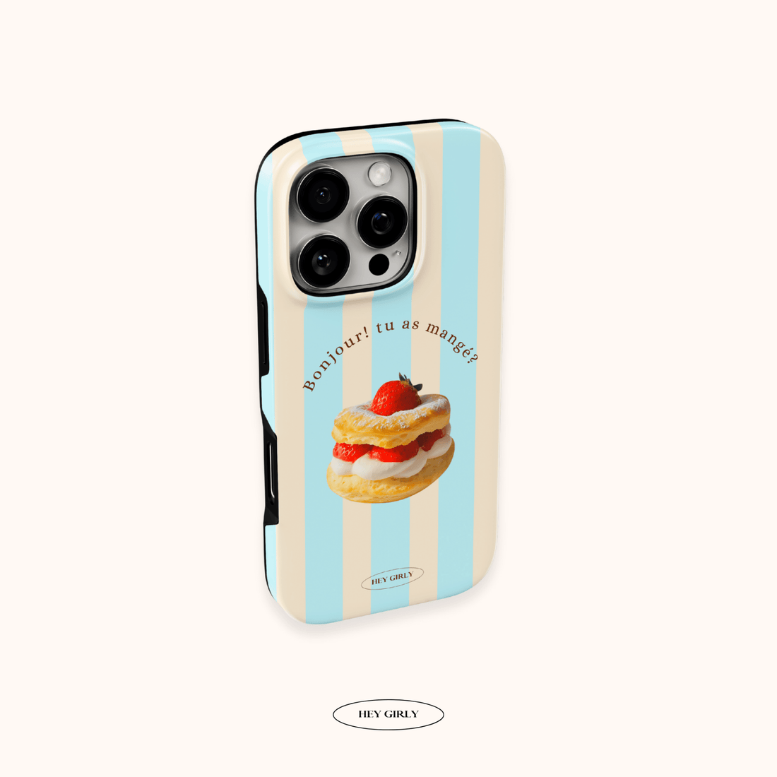 Phone case with a dessert illustration and text on a white background