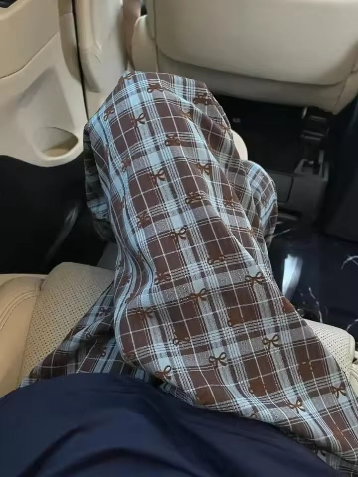 Plaid blanket draped over a car seat