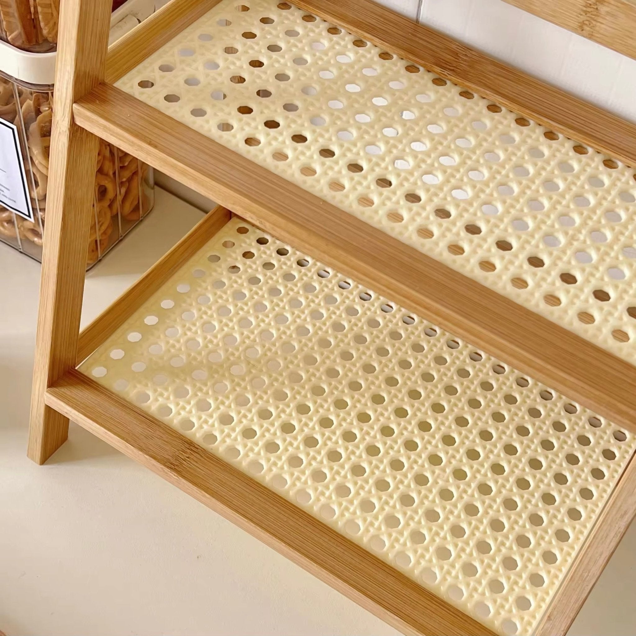 Rustic countertop organizer with rattan detail