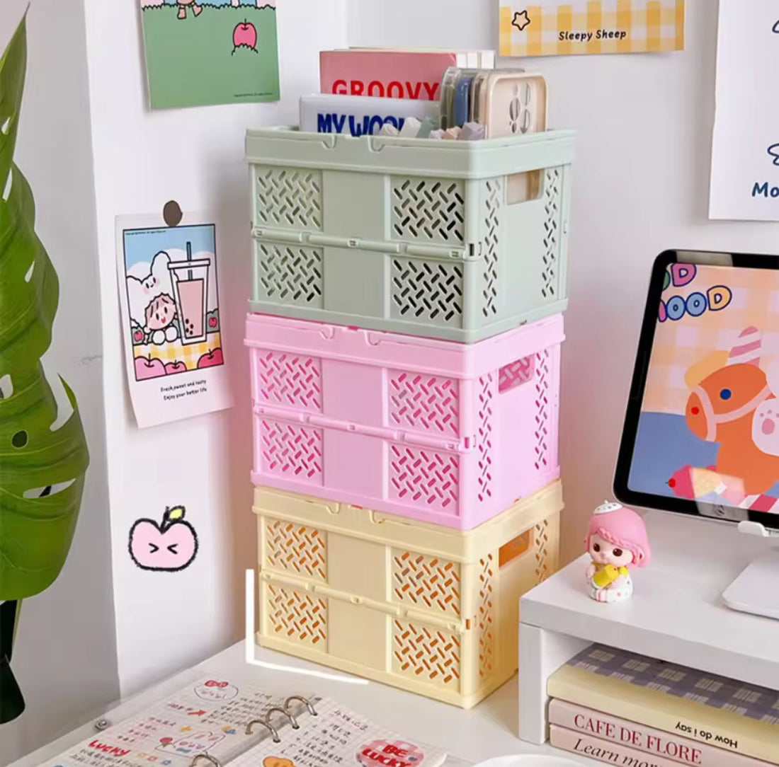 Home accessories setup with stackable organizers in Korean-inspired room