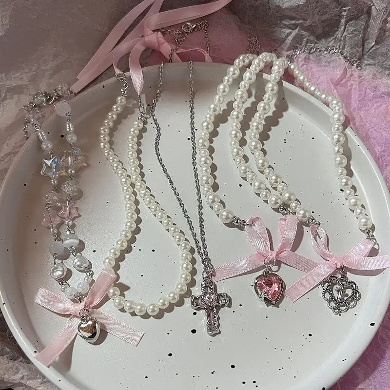 Pink heart and pearl cottagecore necklace with bow