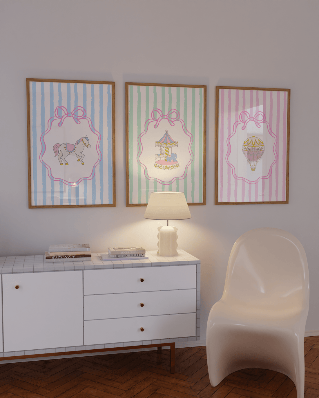 Soft pink and mint poster download for pastel baby room decor with dreamy fairytale elements.