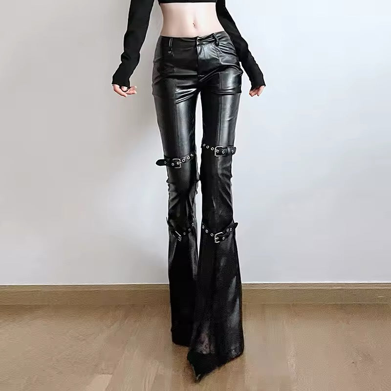 Y2K gothic aesthetic leather flare pants for women