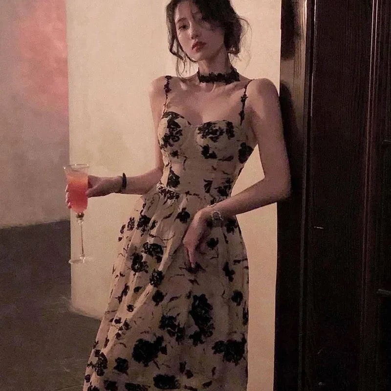 Romantic Floral Strap Midi Dress - Cottagecore French Style The Feelz Romantic Floral Strap Midi Dress - Cottagecore French Style The Feelz
