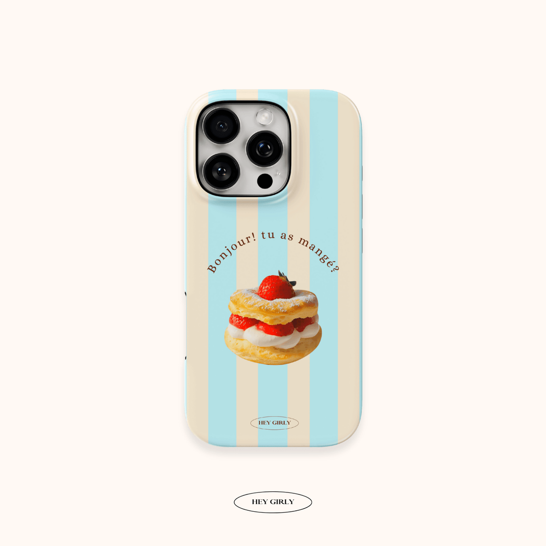 Phone case with a dessert illustration and text on a white background
