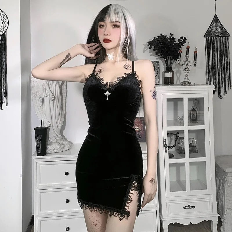 Witch Mini Dress Gothic Black Sexy High-Waist Slit Party Dress