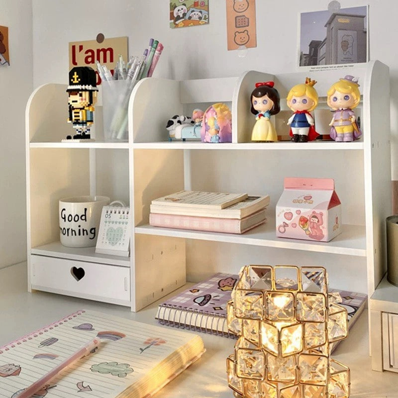 White rubber desk shelf with double layers, perfect for organizing and decorating your study or workspace