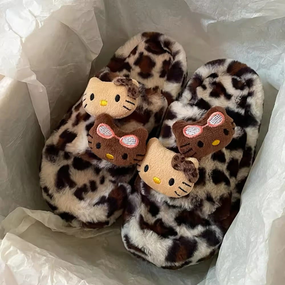 Hello Kitty Leopard Plush Slippers Sanrio Cute Home Shoes