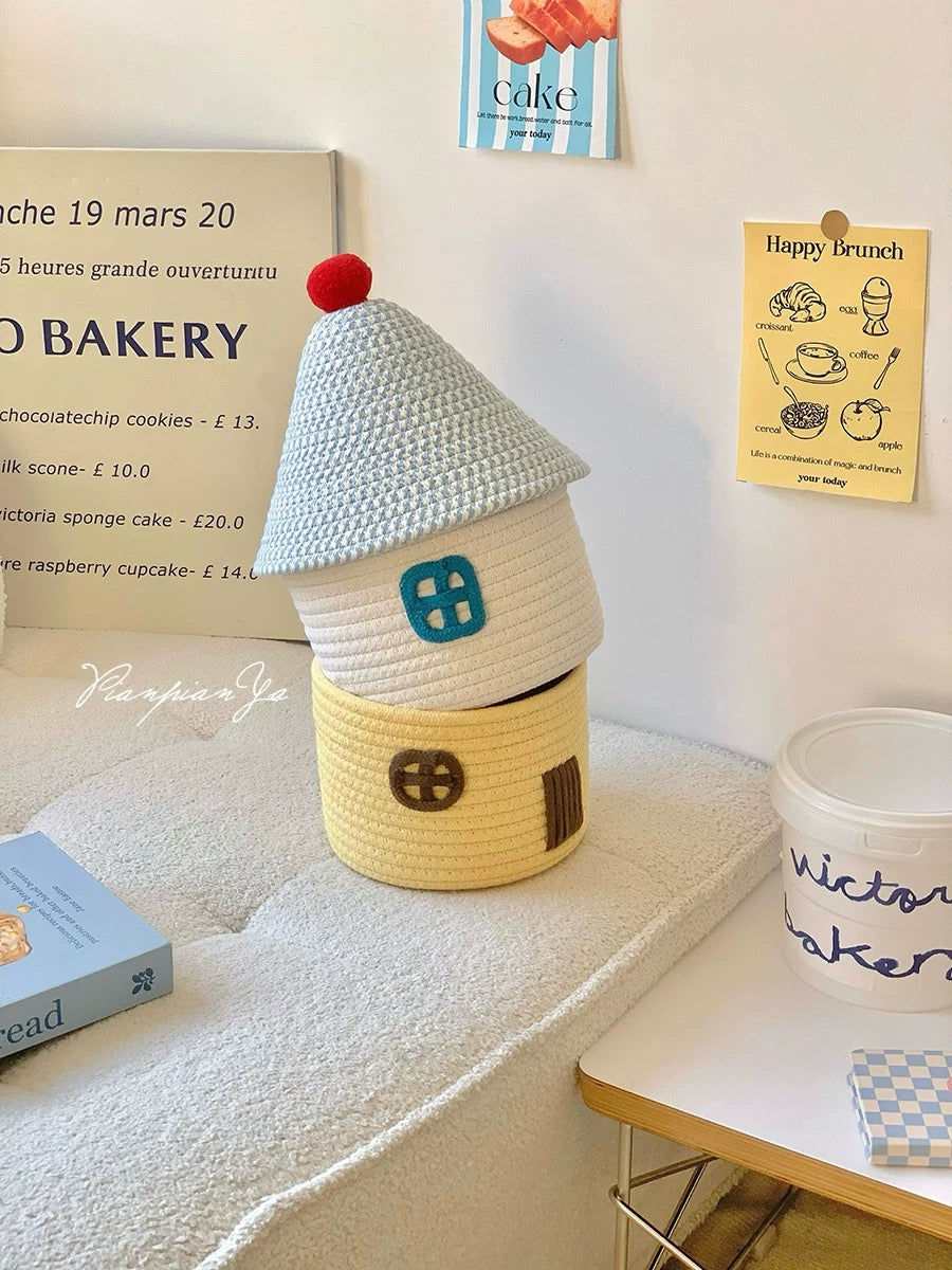 Blue and white rope basket with kawaii window embroidery.