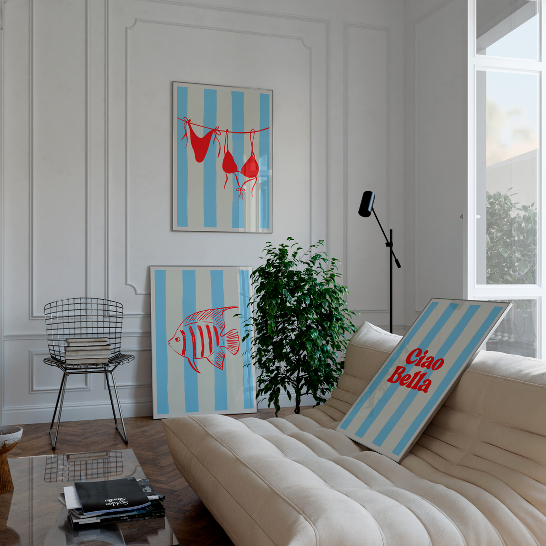 Summer-ready wall art featuring a mix of typography, beachwear, and seaside motifs.