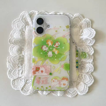 Kawaii lucky cat clover iPhone case with beaded charm