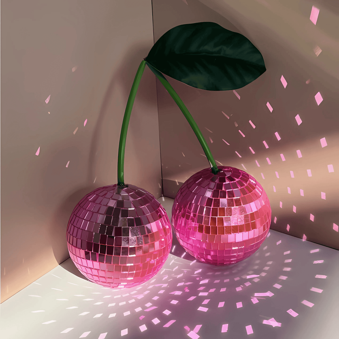 Dorm desk decor featuring cherry disco balls
