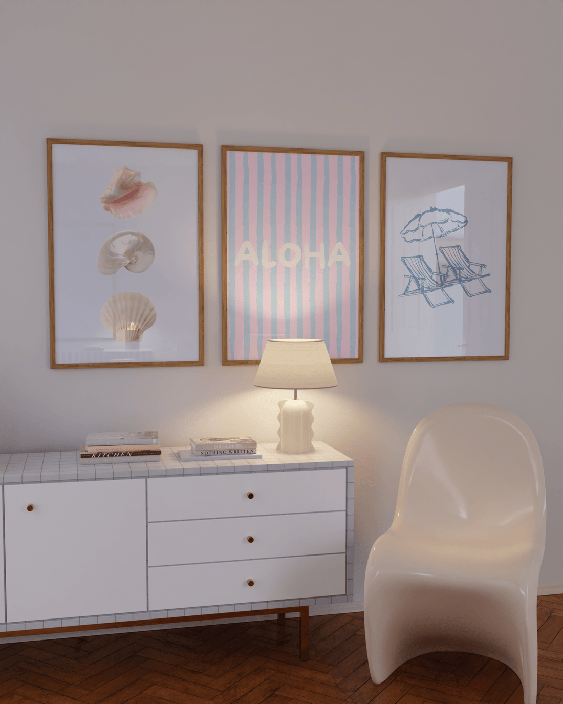 Pastel striped 'ALOHA' poster in pink and blue, perfect for coastal dorm room wall decor