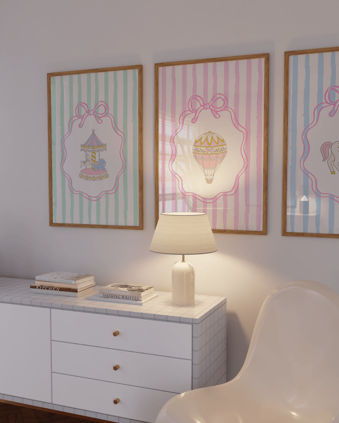 Soft pink and mint poster download for pastel baby room decor with dreamy fairytale elements.