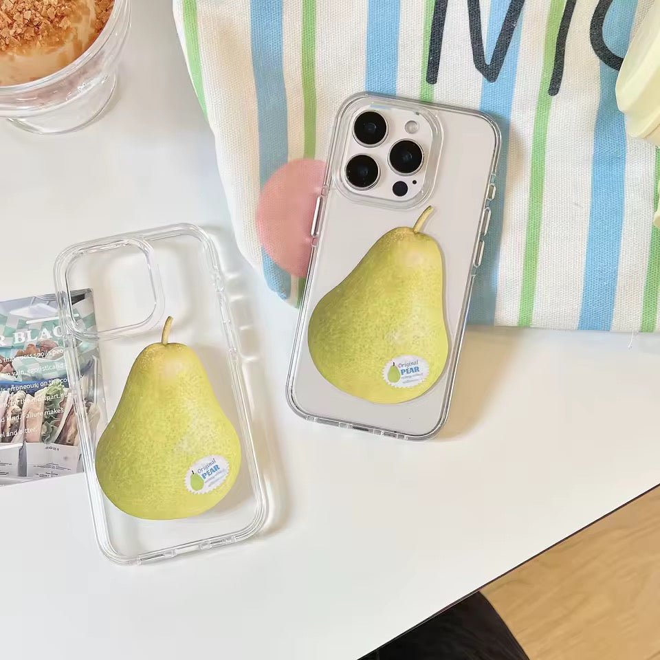 Phone cases with pear design on a table with a striped cloth in the background