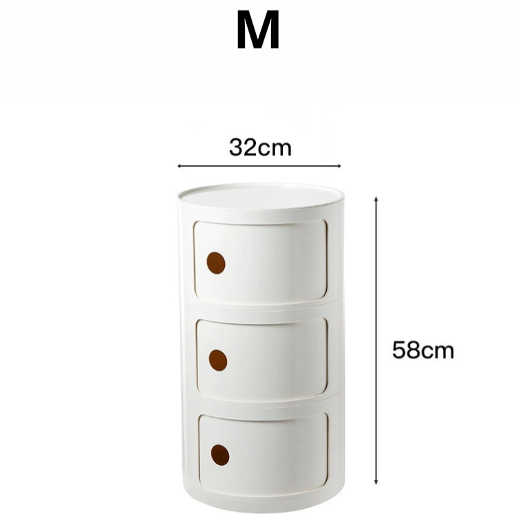 Oval pink cabinet with multi-tier shelving for storage