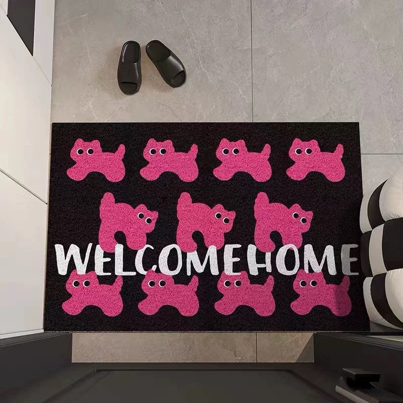 Y2K pink cat doormat with anti-slip rubber base for hallway and entry