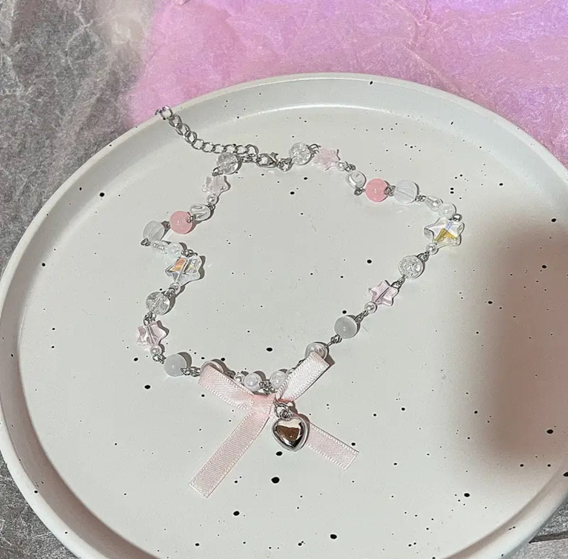 Handmade fairycore pearl necklace with coquette bow
