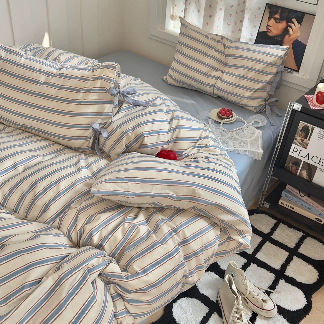 Blue and white duvet styled in Pinterest-inspired room