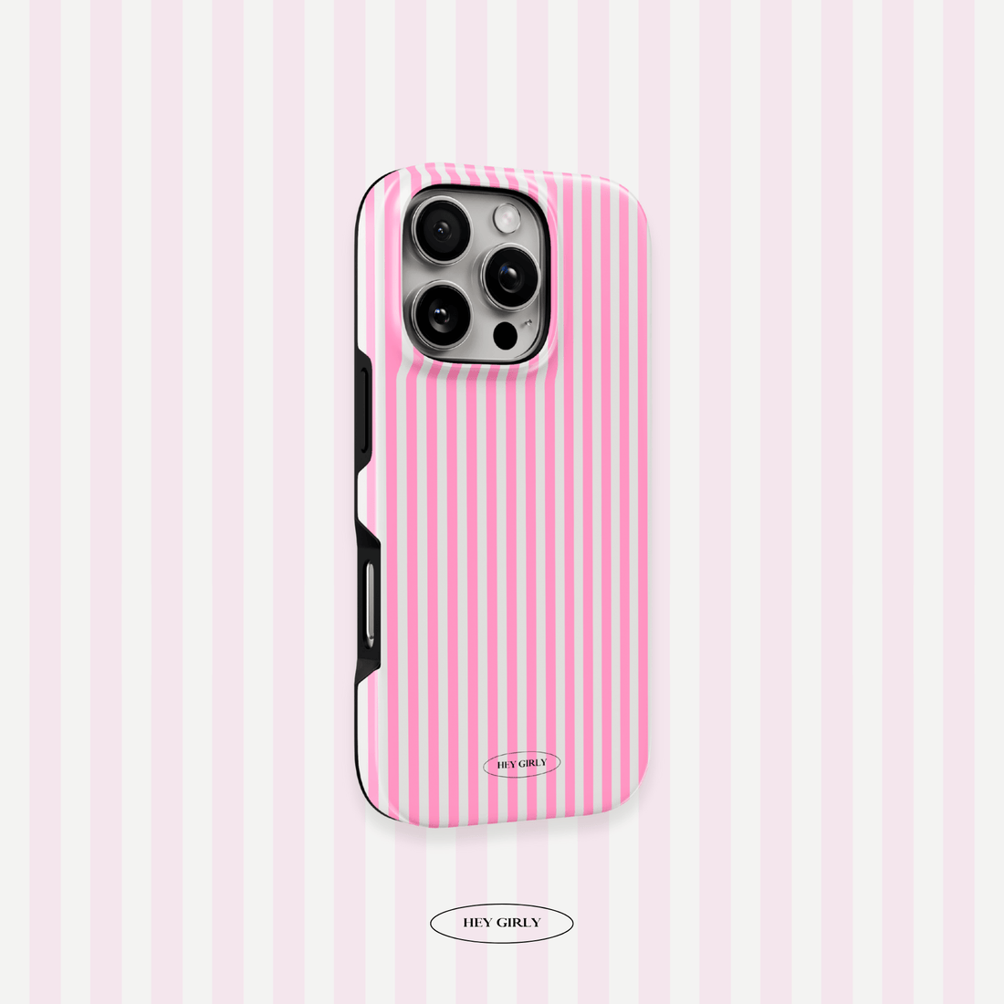 Hey Girly x The Feelz collab case with vertical pink lines for iPhone 16