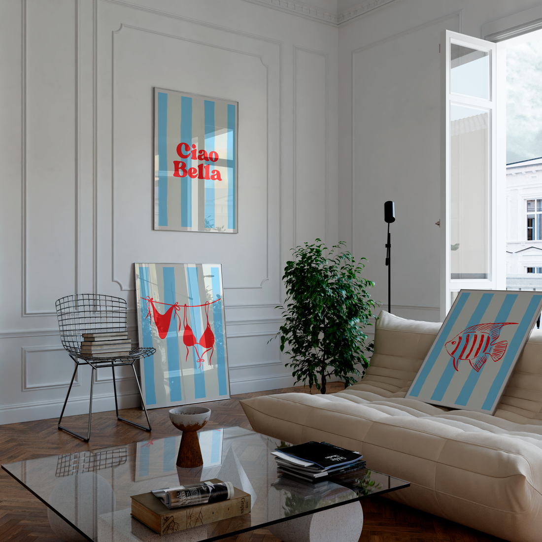 Summer-ready wall art featuring a mix of typography, beachwear, and seaside motifs.