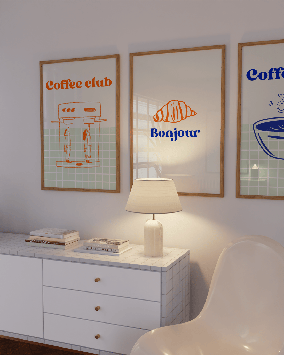 Hand-drawn coffee cup poster in blue and mint grid background