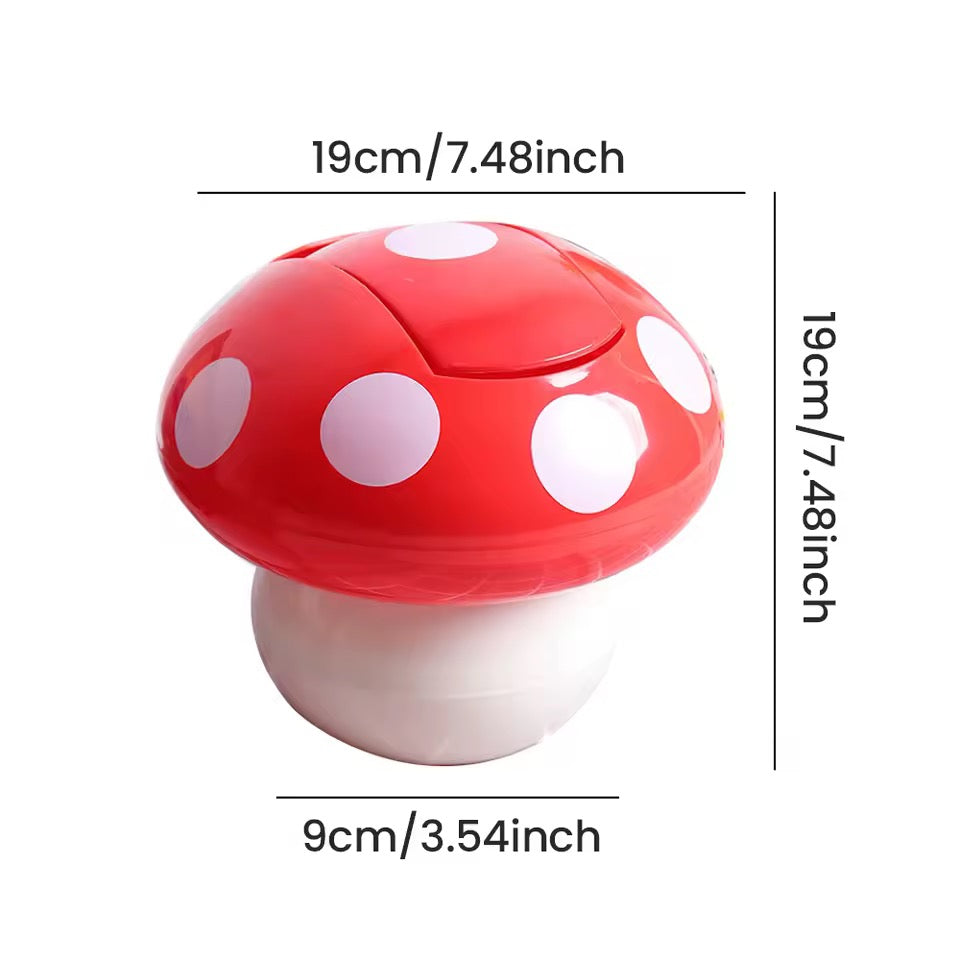 Red mushroom-shaped container with white spots and measurements on a white background