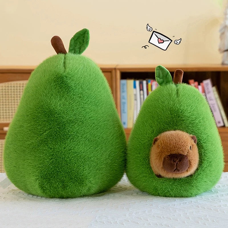 Cozy dopamine decor plush featuring green avocado and capybara