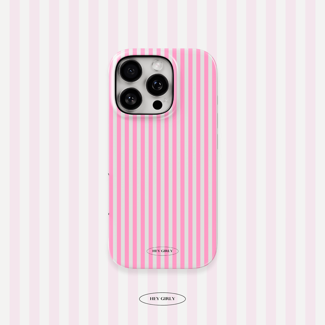 Hey Girly x The Feelz collab case with vertical pink lines for iPhone 16