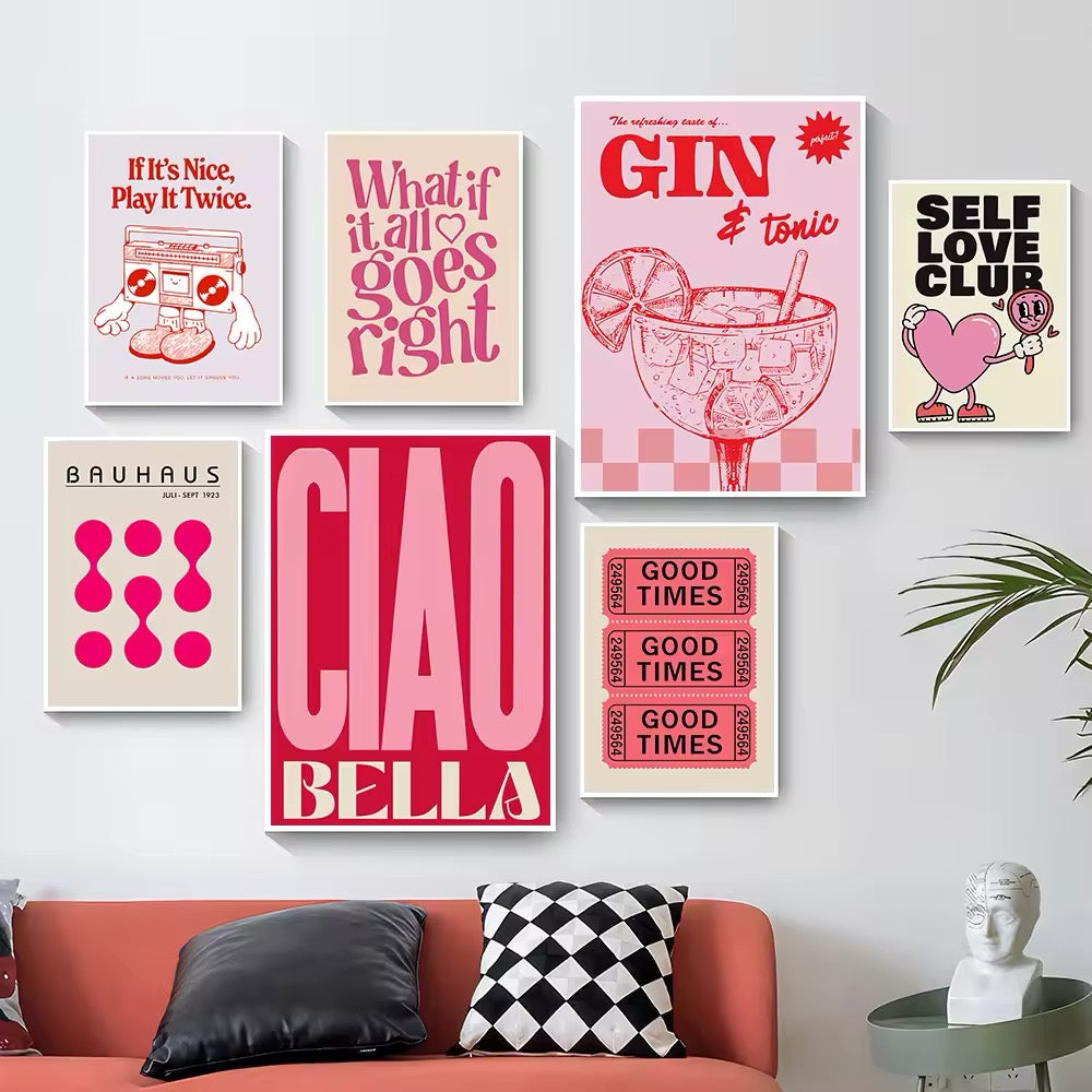 Vintage pink cartoon canvas poster featuring whimsical illustrations in soft hues