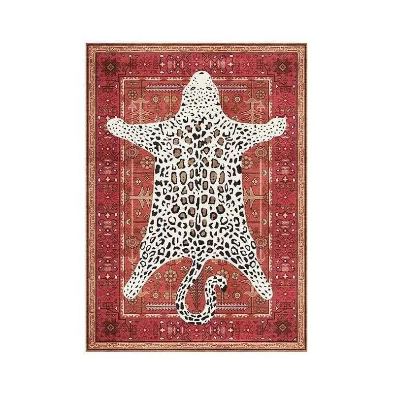 Blue leopard print carpet with geometric boho border and tiger motif