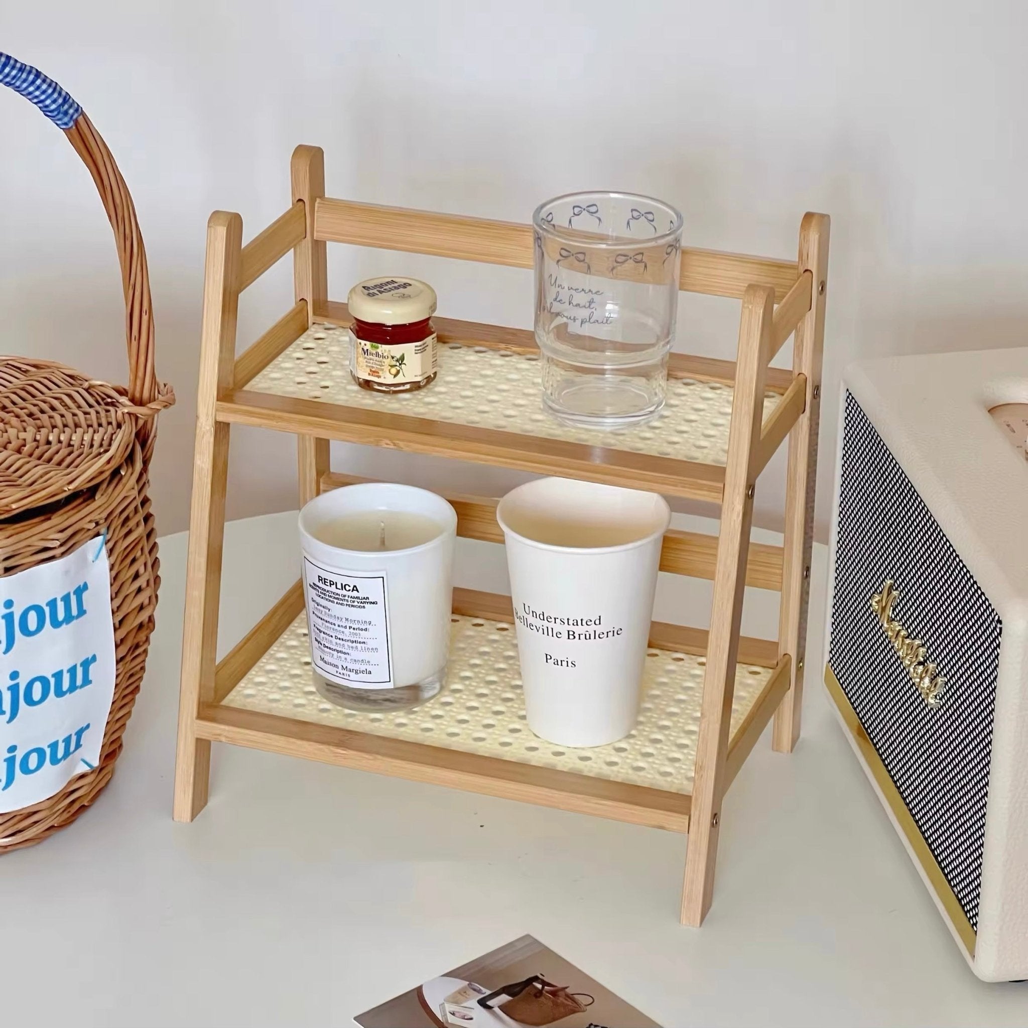 Rattan and wood shelf for kitchen storage