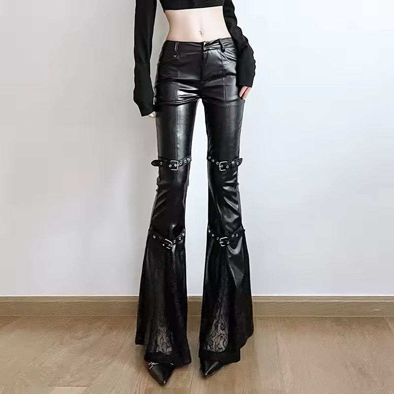 Y2K gothic aesthetic leather flare pants for women