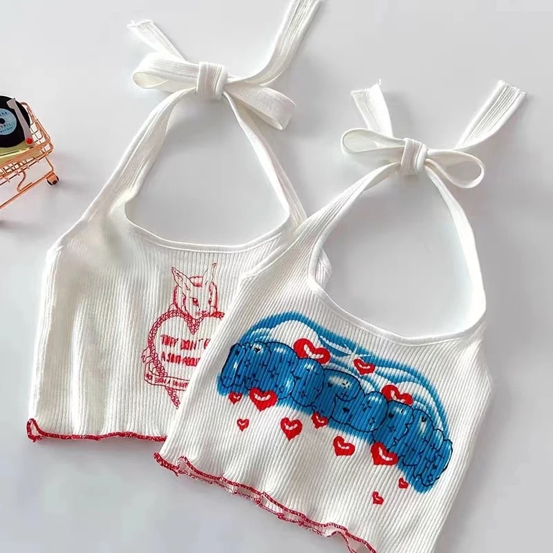 Y2K Korean halter top with sweet heart print and bandage drawstring design. Cute V-neck summer crop top for retro streetwear looks.