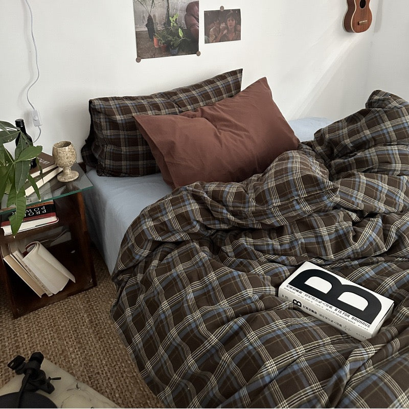 Blue and brown plaid bedding with plaid and mocha pillowcases