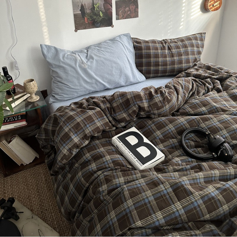 Blue and brown plaid bedding with plaid and denim blue pillowcases