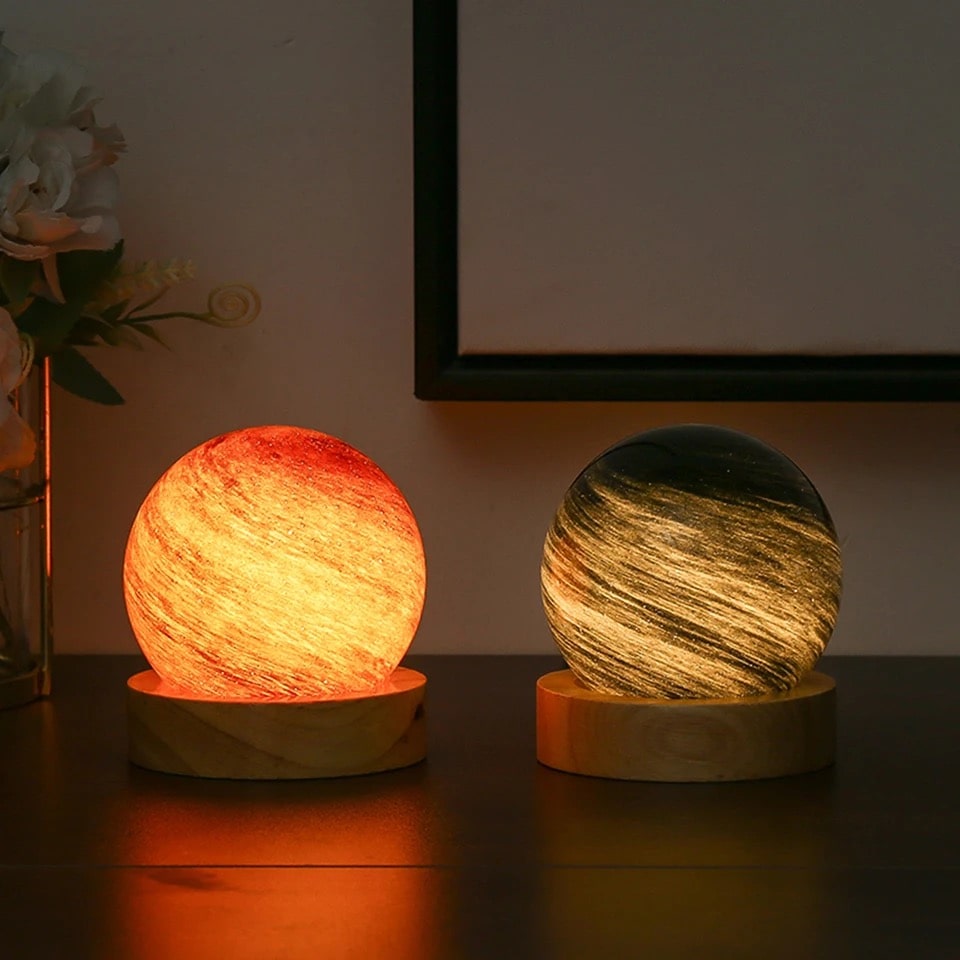 3D Planet Moon Lamp with starry night projection and wooden stand