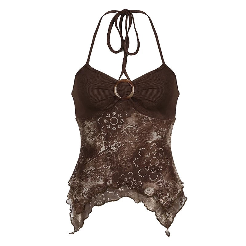 Forest green retro halter crop top with metal buckle