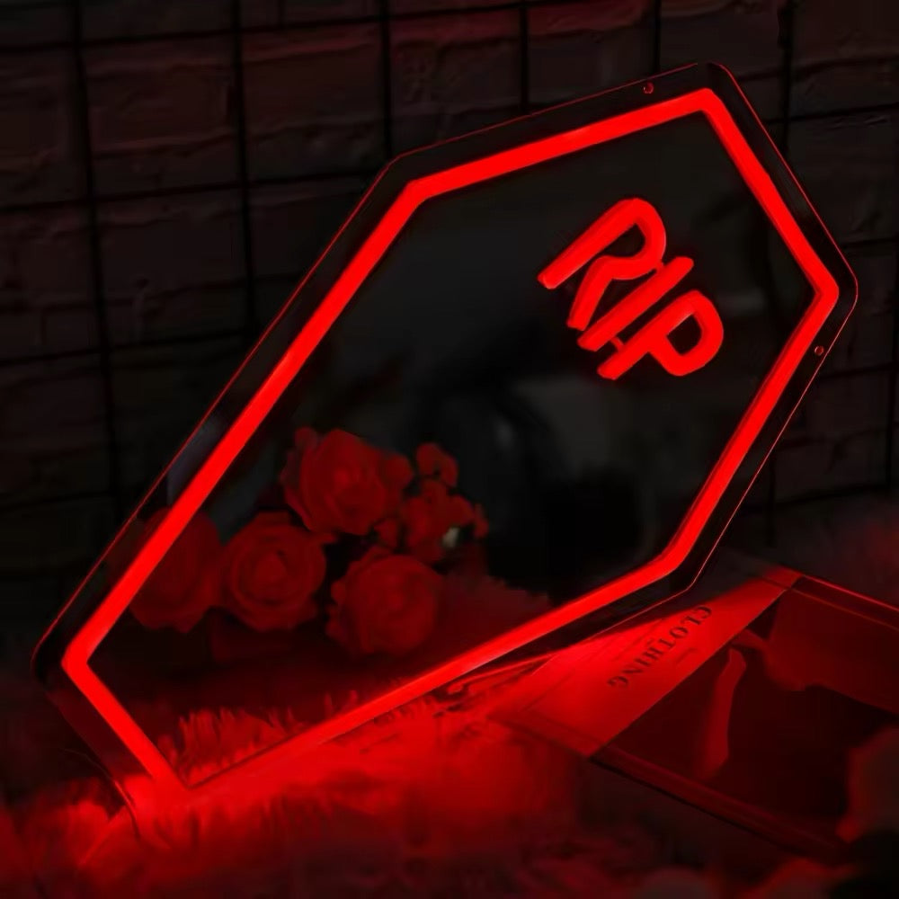 Gothic aesthetic wall-mounted mirror with LED purple RIP sign