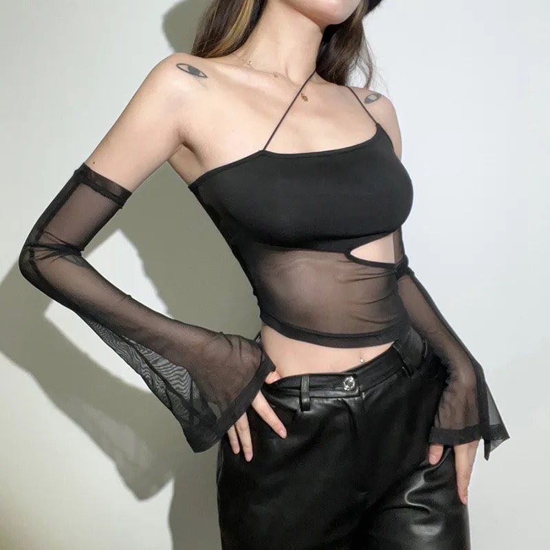 Black mesh crop top with asymmetrical design, perfect for edgy and rebellious looks inspired by Lolita style and gothic witch aesthetic.